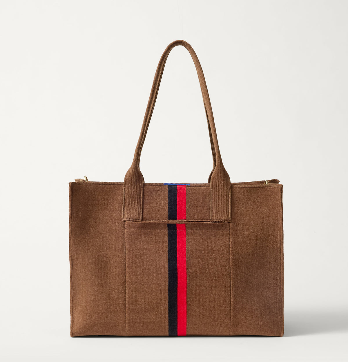 EXT | The Classic Tote in ReVelvet Cinnamon Stripe, shown from the front.