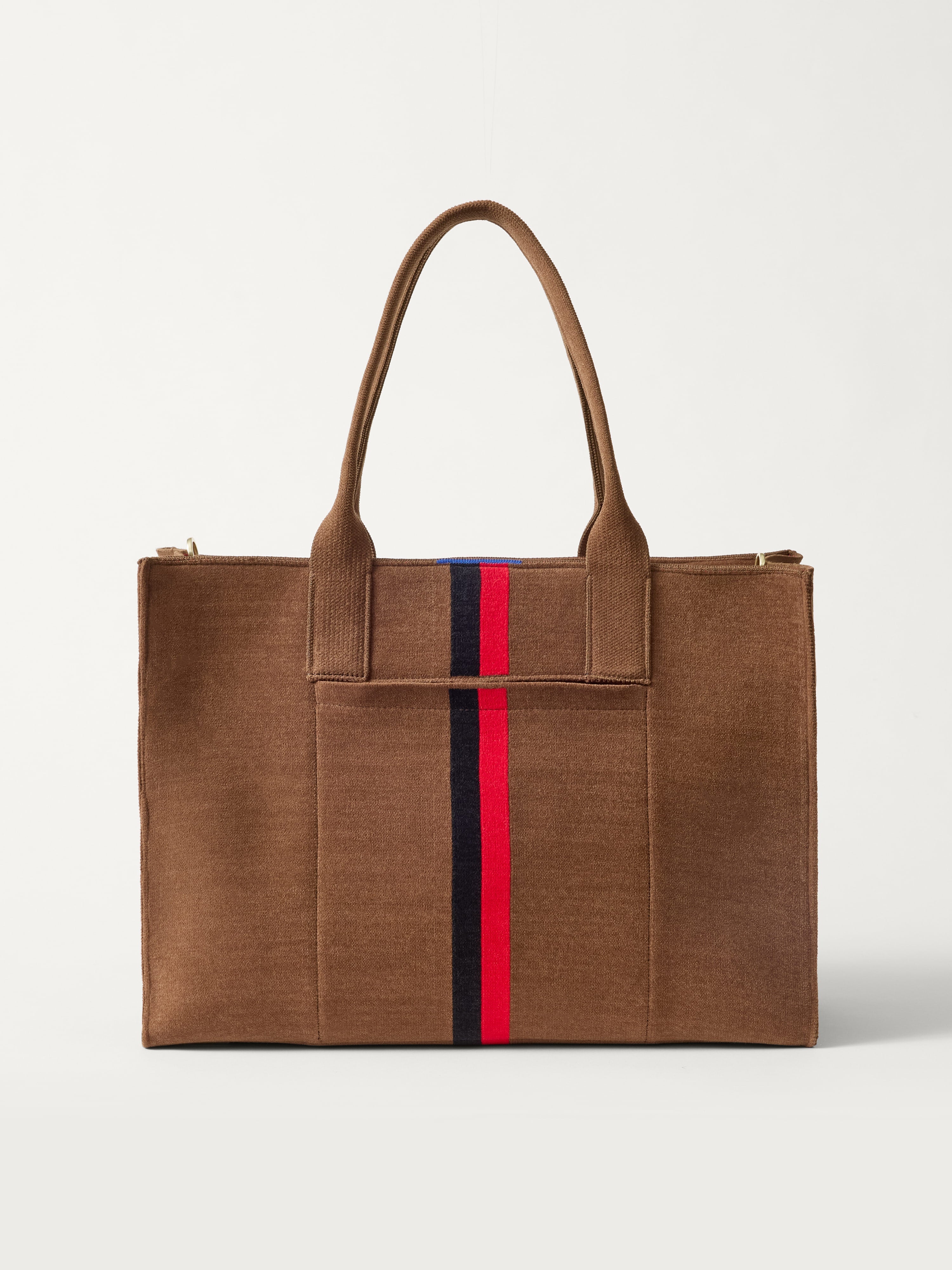 PLP |The Classic Tote in ReVelvet Cinnamon Stripe, shown from the front. 