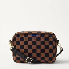 PDP | The Crossbody Camera Bag in  ReVelvet™ Umber Check, shown from the front. 