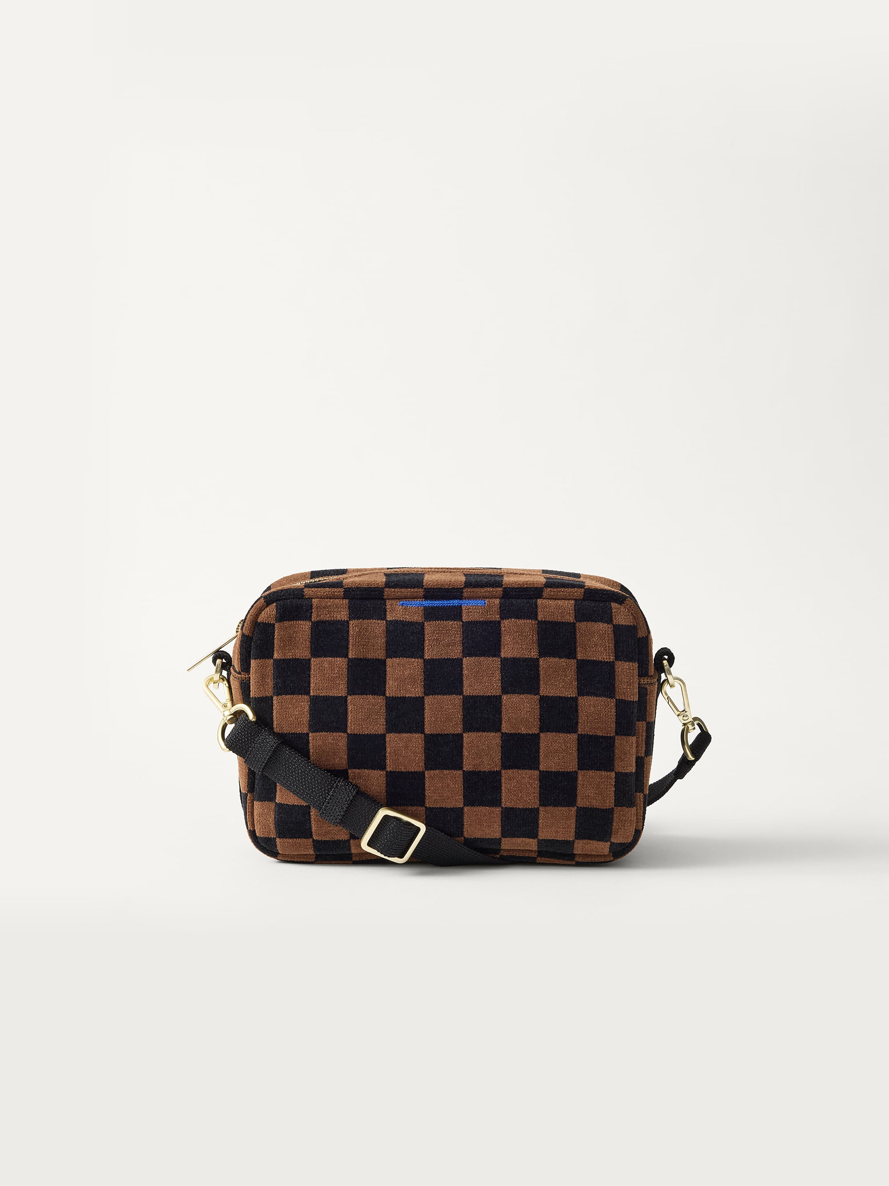 PLP | The Crossbody Camera Bag in  ReVelvet™ Umber Check, shown from the front. 